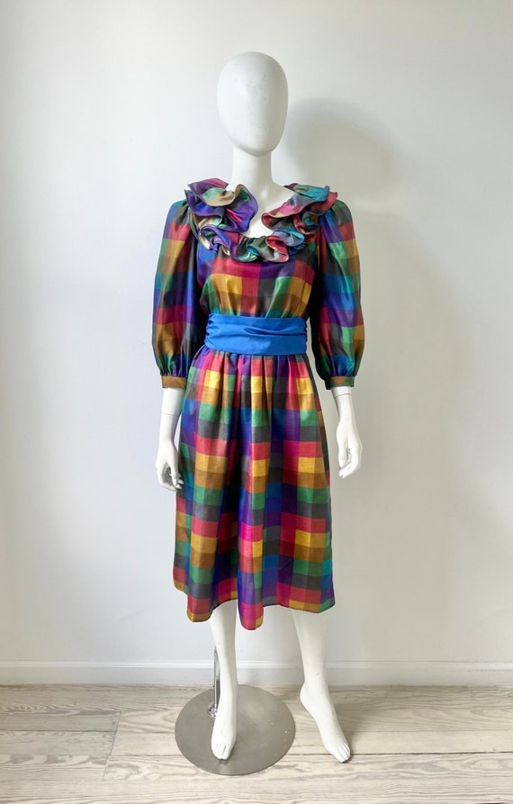 Vintage 1980s Dress / 80s Rainbow Madras Ruffle Dr