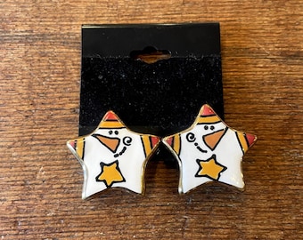 Vintage 80s Enamel Snowman Star Earrings