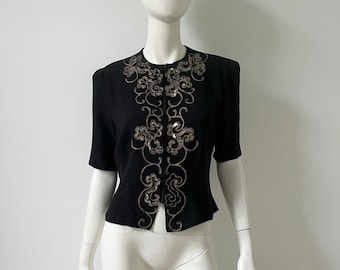 1940s Top / 40s Black Zip Front Sequined Blouse / Medium