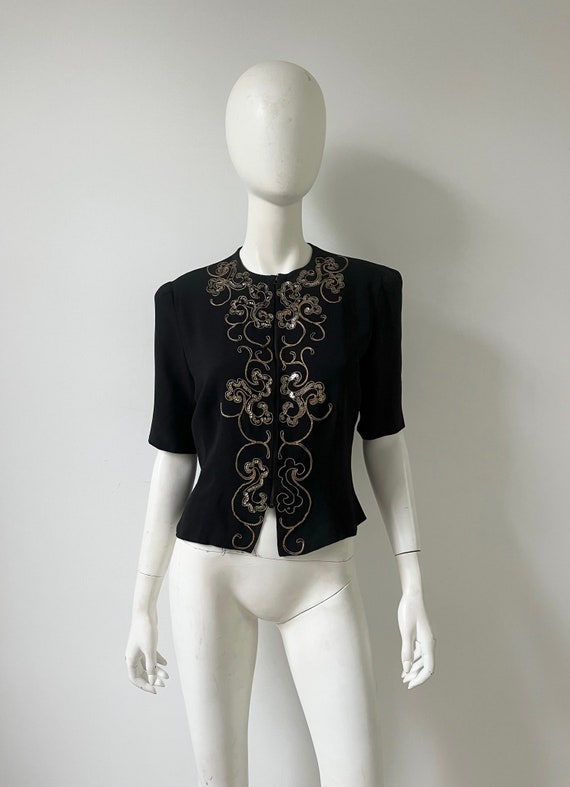 1940s Top / 40s Black Zip Front Sequined Blouse /… - image 1