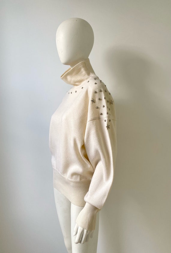1970s Top / 70s Studded Cream Turtleneck Sweater … - image 4