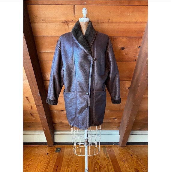 Vintage 1980s Coat / 80s Brown Leather Sheepskin S