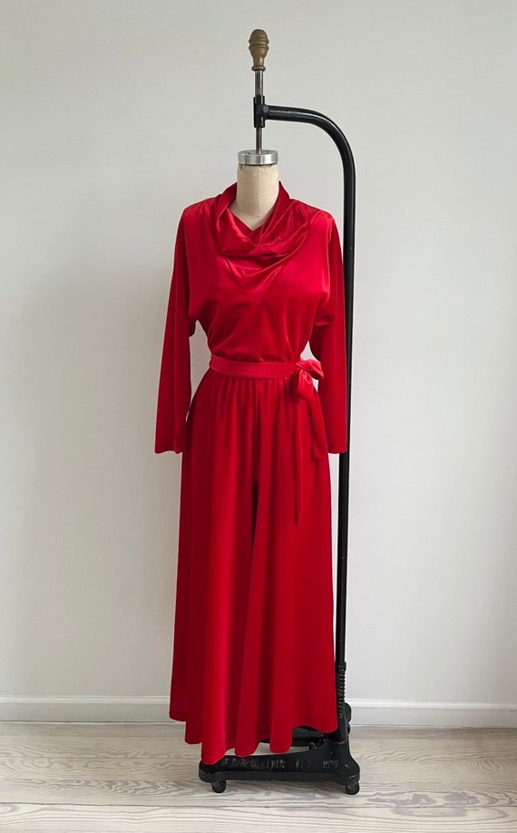 1980s Jumpsuit / 80s Red Velvet Palazzo Jumpsuit … - image 1