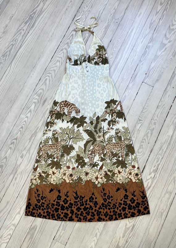 1970s Dress / 70s Jungle Leopard Print Halter Dres