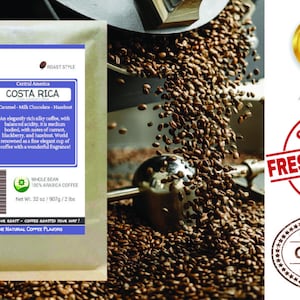 May include: A bag of whole bean Costa Rica coffee with the text "Smokin Beans." The bag lists flavor notes of caramel, milk chocolate, and hazelnut. The image also shows roasted coffee beans and a "Fresh Roasted Coffee" stamp.