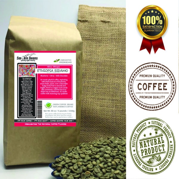 2lb/40lb - Ethiopia Sidamo PREMIUM SPECIALTY GREEN coffee beans hand packed in a small kraft burlap bag for the home coffee roaster