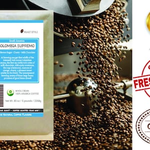 May include: A bag of whole bean Colombian Supremo coffee with a brown, white, and blue label. The label reads "Smokin Beans Specialty Coffee Roasting", "South America", "Colombia Supremo", "Brown Sugar, Cherry, Milk Chocolate", "Whole Bean 100% Arabica Coffee", and "Net Wt. 80 oz / 5 pounds / 226g".