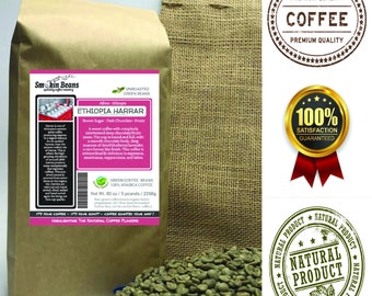 2lb/40lb - Ethiopian Harrar Natural PREMIUM SPECIALTY GREEN coffee beans hand packed in a small kraft burlap bag for the home coffee roaster