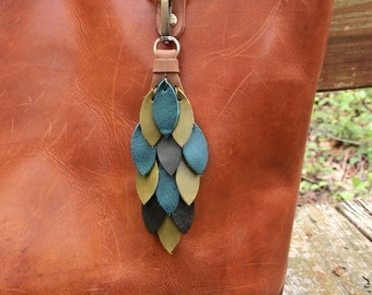 Shades of Green  Waterfall Leather Purse Charm Tassel Handmade  Bag Charm Purse Swag