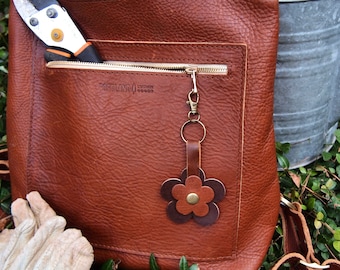 Brown Two Tone Double Snap Flower Bag Charm Leather Flowers Key Fob Chain Bag Charm Cord Wrap