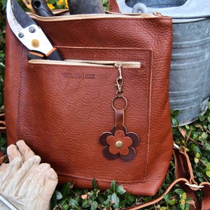 Brown Two Tone Double Snap Flower Bag Charm Leather Flowers Key Fob Chain Bag Charm Cord Wrap