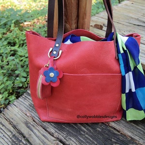 Blue Red patriotic Double Snap Flower Bag Charm Leather Flowers Key Fob Chain Bag Charm Cord Wrap