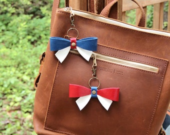 Patriotic Leather Bow Key Chain Purse Bag Charm Purse Zipper Pull Red White blue