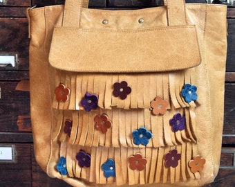 Modified Ceri Hoover Leather Tote Fringe with Flowers GUC Modified Shoulder Bag