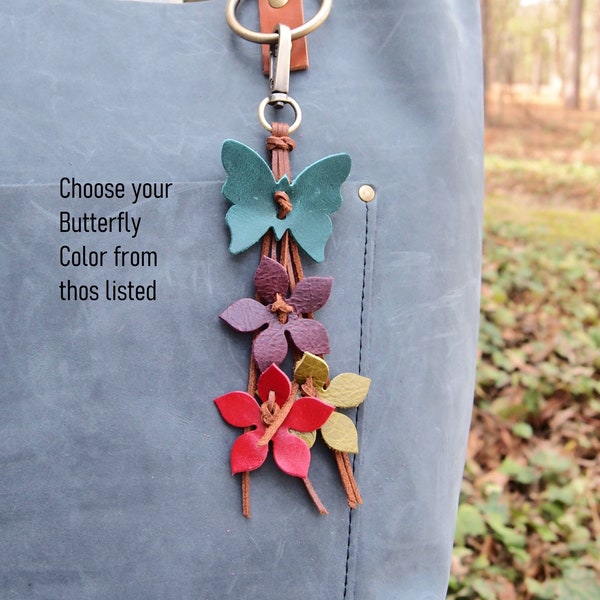Beautiful Leather Butterfly with flowers  Purse Bag charm tassel  handmade Flowers Choice of Colors