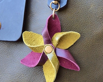 Choice of Colors Handcrafted Leather Whirligig  Pinwheel Bag Charm  Fun Colors  Purse Accessory Purse charm Flair