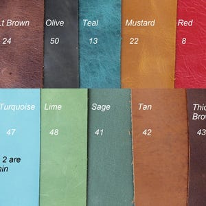 May include: A color chart of 50 different leather swatches. The swatches are arranged in two rows of 25. The swatches are labeled with numbers and names, such as "Purple", "Black", "Blue", "Lt Brown", "Olive", "Teal", "Mustard", "Red", "Green", "New Orange", "Dusty Teal", "Lilac", "Pink", "Turquoise", "Lime", "Sage", "Tan", "Thick Brown", "Nubuck Brown", and "Dk Brown".