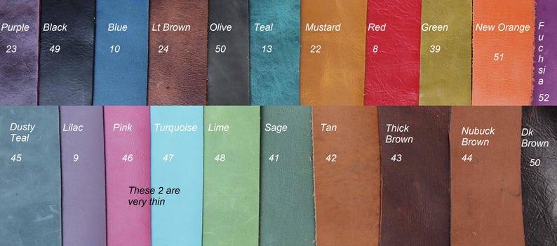 May include: A color chart of 50 different leather swatches. The swatches are arranged in two rows of 25. The swatches are labeled with numbers and names, such as "Purple", "Black", "Blue", "Lt Brown", "Olive", "Teal", "Mustard", "Red", "Green", "New Orange", "Dusty Teal", "Lilac", "Pink", "Turquoise", "Lime", "Sage", "Tan", "Thick Brown", "Nubuck Brown", and "Dk Brown".