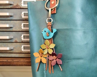 New Leather Blue Bird with Flowers Purse Bag charm tassel Beautiful  handmade Flowers