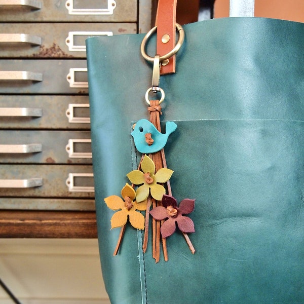 New Leather Blue Bird with Flowers Purse Bag charm tassel Beautiful  handmade Flowers