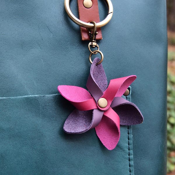 Choice of Colors Handcrafted Leather Whirligig  Pinwheel Bag Charm  Fun Colors  Purse Accessory Purse charm Flair