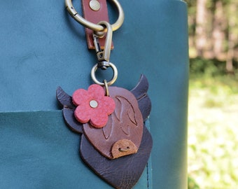 A Fun Leather Highland Cow Bag Charm Swag Scotland Choose your colors Flair