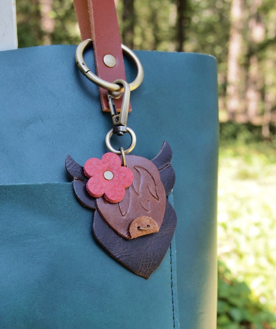 A Fun Leather Highland Cow Bag Charm Swag Scotland Choose your colors Flair