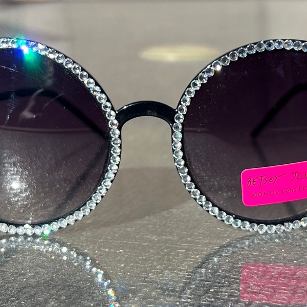 Betsey Betsy Johnson Custom Round Black Sunglasses Austrian Crystals NEW UNIQUE SHAPE Over 100 Crystals