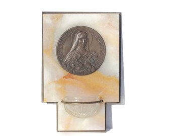 Religious French Vintage Marble Plaque Signed, P De Bryk,saint Theresa with Font,Benitier