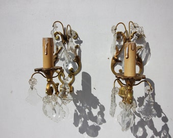 TWO Vintage French Wall lights ,sconces ,Gilded metal, home decor,glass lights, wall decoration