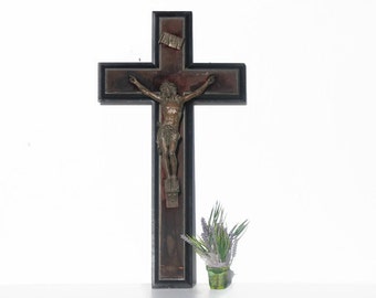 Large French Antique Cross, crucifix, wood and spelter French religious decor,Signed E.Rosenwald