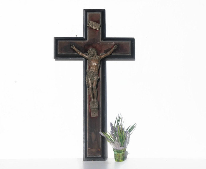 Grande Français Croix Antique, Crucifix, Bois et Épeautre Décor Religieux, Signé E.rosenwald