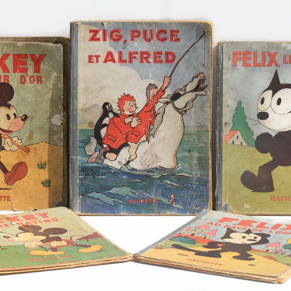 Five French Vintage Comic Books,Felix Le Chat,Mickey Mouse, Zig ,Puce et Alfred,Hachette
