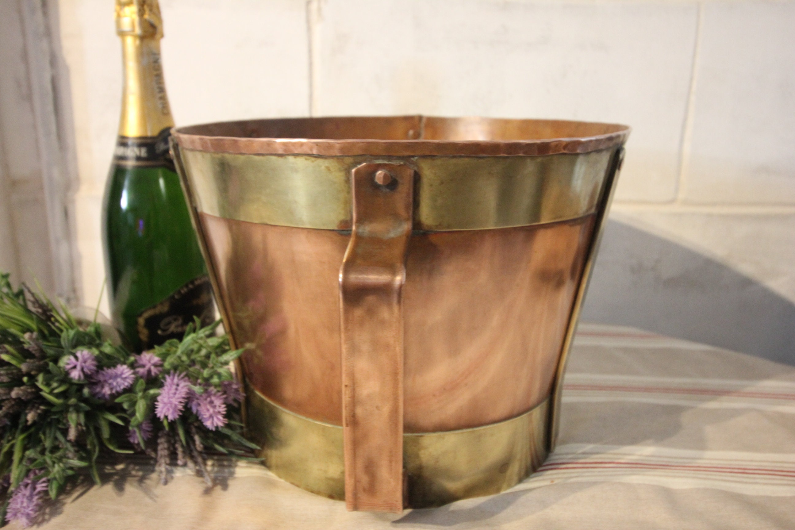 Français Seau à Grain de Cuivre 2 Poignées Glace Champagne en Jardinière Cuivre