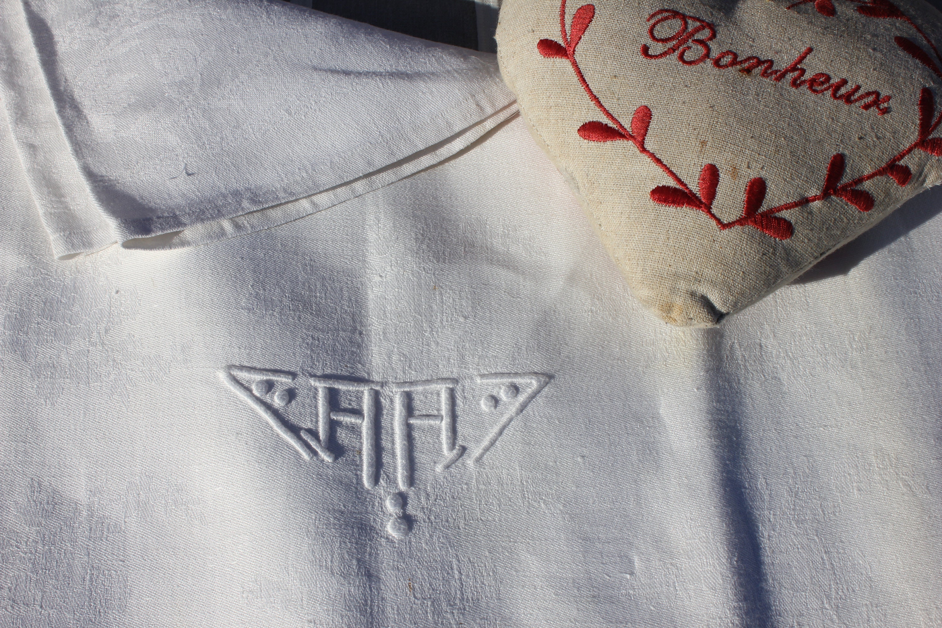 Antique Français Paraphé Table Tissu, Monogrammé, Un, Ancien Draperie