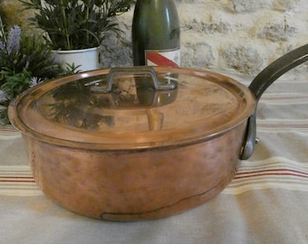 Poêle en cuivre et couvercle, fabrication française, poêle, décoration de cuisine, poêles de cuisine, poêles en cuivre, poêles à frire, casserole