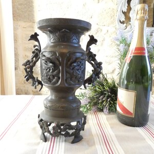 Bronze Japanese vase oriental with birds and flower design Bronze Antique Vase