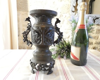Bronze Japanese vase oriental with birds and flower design Bronze Antique Vase