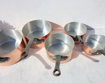 French vintage Copper Sauce pans, 5 aluminium lined ,stamped Made in France ,French cuisine, home decor