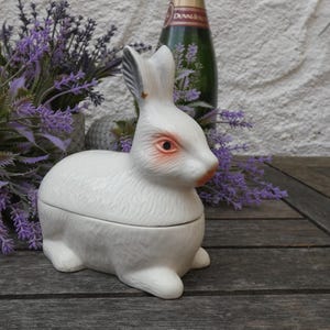 Peut inclure: Une figurine de lapin en céramique blanche avec des yeux roses. Le lapin est une boîte décorative avec un couvercle à charnière.