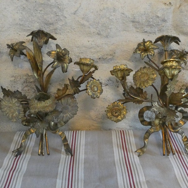 Wonderful Pair of Florentine Tole ware Wall Candle Holders Antique wall Sconces