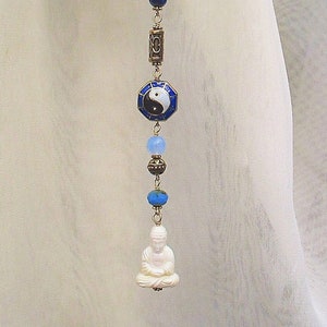 Vintage Buddha Car Charm: Yin Yang Amulet with Czech Glass Beads