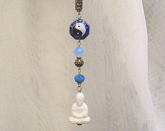 Vintage Buddha Car Charm: Yin Yang Amulet with Czech Glass Beads