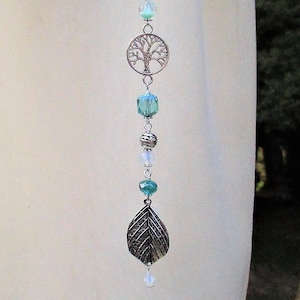 Tree of Life Car Mirror Charm: Aqua Czech Glass Beaded Amulet