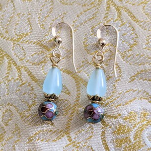 Vintage Cloisonne Aqua Chalcedony Gold Filled Earrings