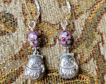 Maneki Neko Sterling Silver Lever Back Earrings: Vintage Cloisonne Lucky Cat