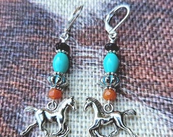 Turquoise Horse Earrings: Sterling Silver Plated Lever Back - SW Style