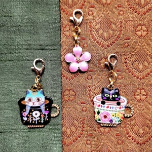 Cat & Pink Flower Zipper Pull Charms: Backpack, Purse Clip-Ons