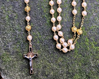 Czech Glass Pearl Rosary: Gold Saint Benedict Cross, Miraculous Mary Medal