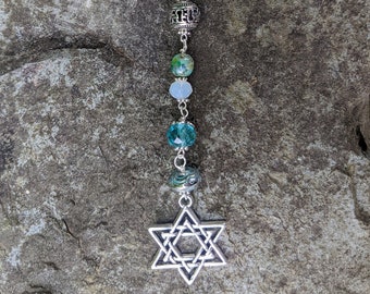 Star of David Car Charm: Seafoam Green Czech Glass, Judaism Amulet